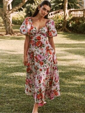 Abercrombie & Fitch Drama Puff Sleeve Maxi Dress in a vibrant red & pink floral